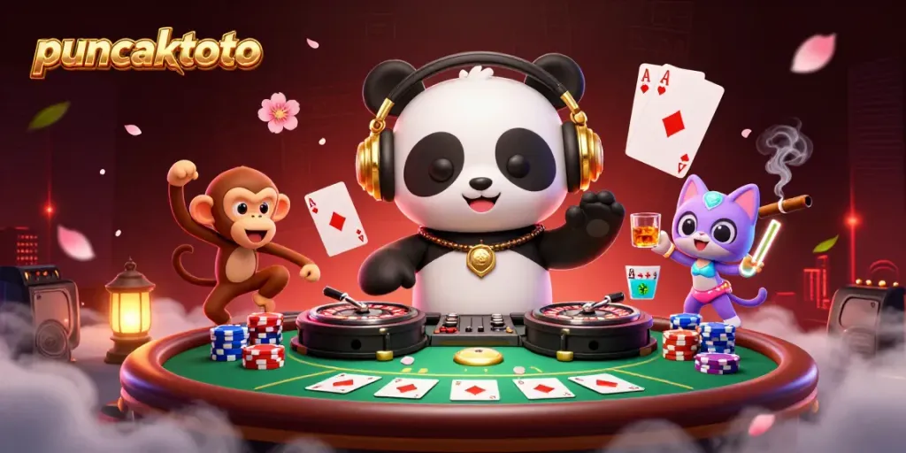 Puncaktoto menghadirkan suasana kasino dengan panda DJ, monyet, dan kucing bersinar dikelilingi elemen judi.