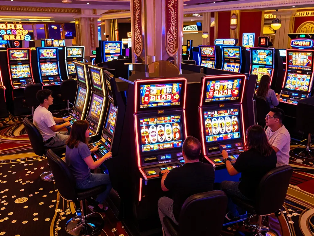 Pemain berinteraksi dengan mesin slot aman788 di suasana kasino Vegas yang elektrik