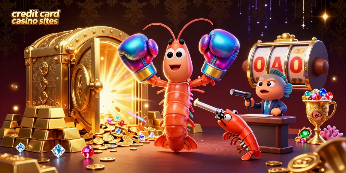 Experience the vibrant world of credit card casino sites with entertaining characters amidst treasures and slot reels.