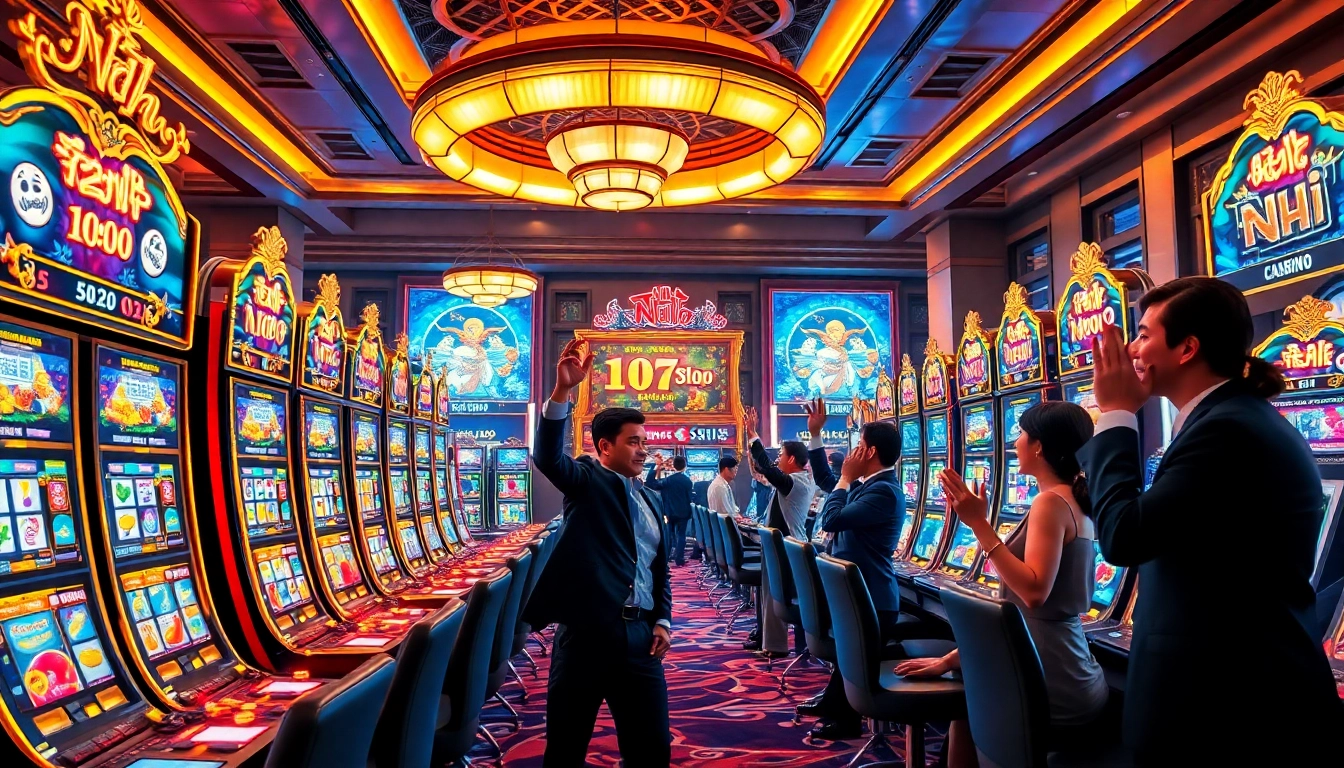 Nổ hũ slot machines illuminating a vibrant casino scene with excited players and colorful graphics.