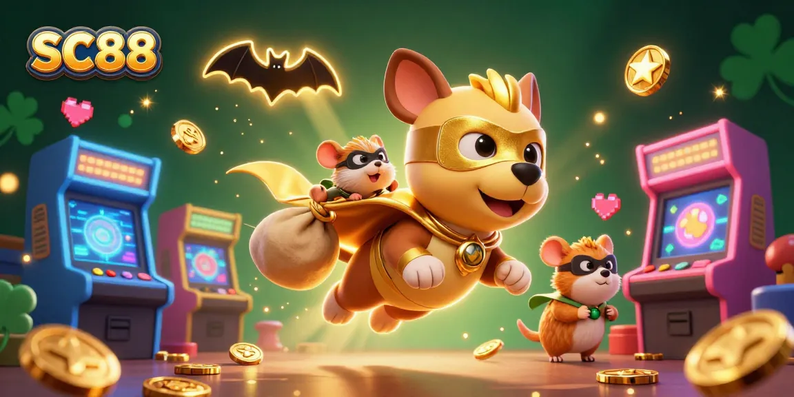 Join the excitement at SC88 with a superhero dog and vibrant casino elements.