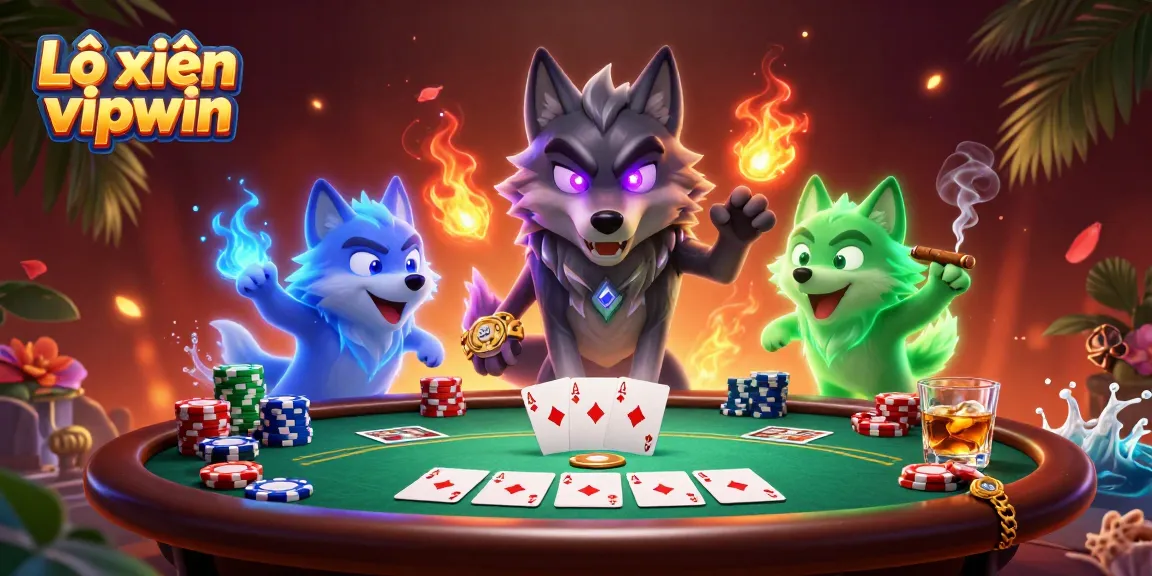 Lô xiên vipwin betting strategy illustrated with ghostly wolves, poker elements, and vibrant atmosphere