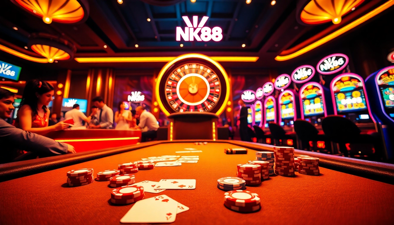 Players engaging in high-stakes poker at NK88 casino, surrounded by vibrant slot machines.