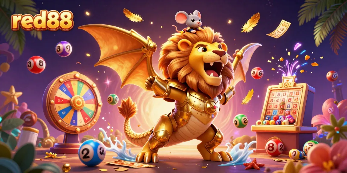 Experience the excitement of red88 with golden tickets, bouncing lottery balls, and a triumphant chimera.