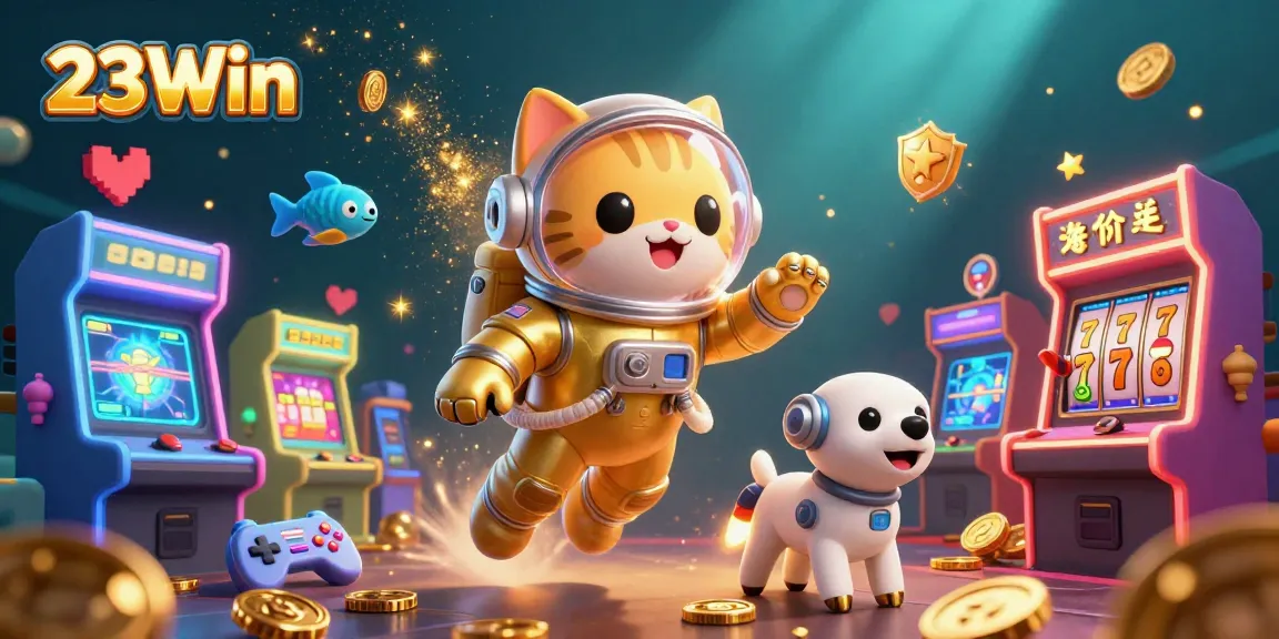 Engage with 23Win's vibrant casino games featuring an astronaut cat, robot dog, and colorful game machines.