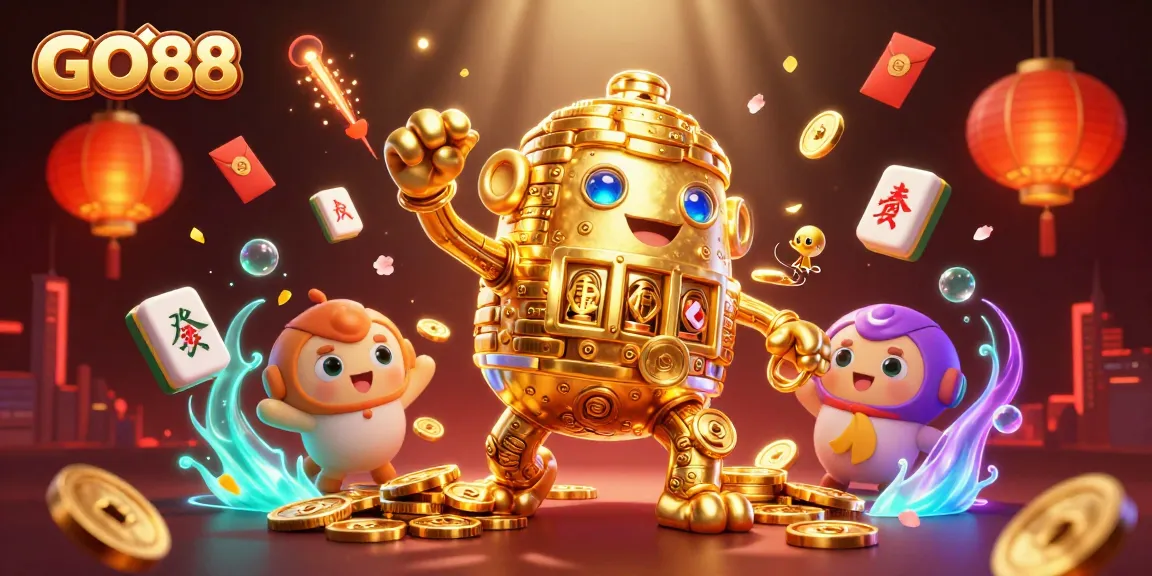 Experience GO88's vibrant online gaming universe with a golden golem and floating mahjong tiles.