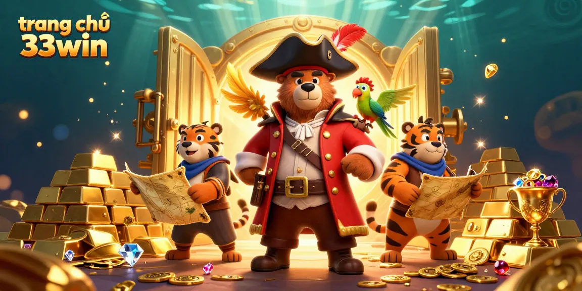 Engaging scene of trang chủ 33win featuring pirate captain bear and treasure with gems.