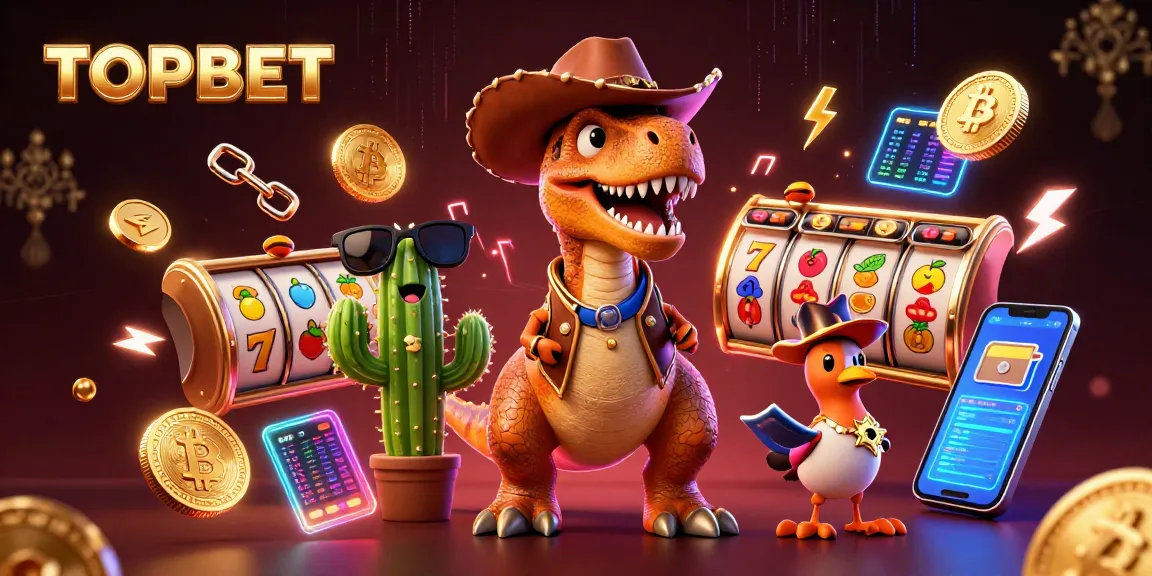 Experience the thrill of gaming with TOPBET, featuring a dynamic 3D dinosaur cowboy in action.