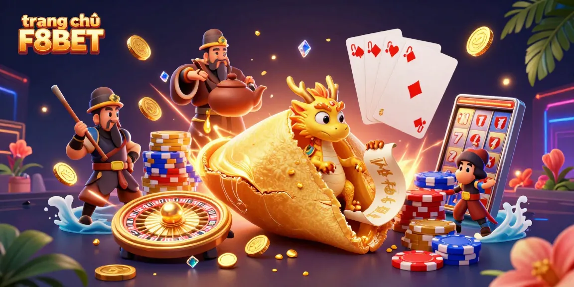 Engage with the exciting world of trang chủ F8BET featuring a 3D illustration of a fortune cookie and dynamic casino elements.