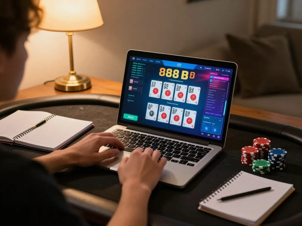 Player using 888b online poker interface on laptop with colorful cards and chips visible
