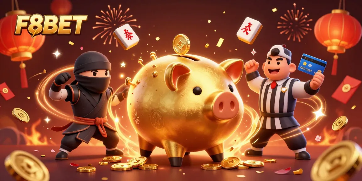 Experience thrilling casino action with F8BET featuring a golden piggy bank sumo wrestler amidst vibrant elements.