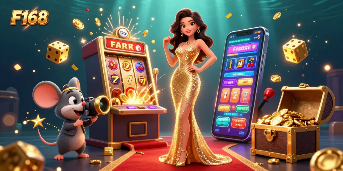 Experience dynamic gaming at F168 with a stunning woman on the red carpet beside playful casino elements.