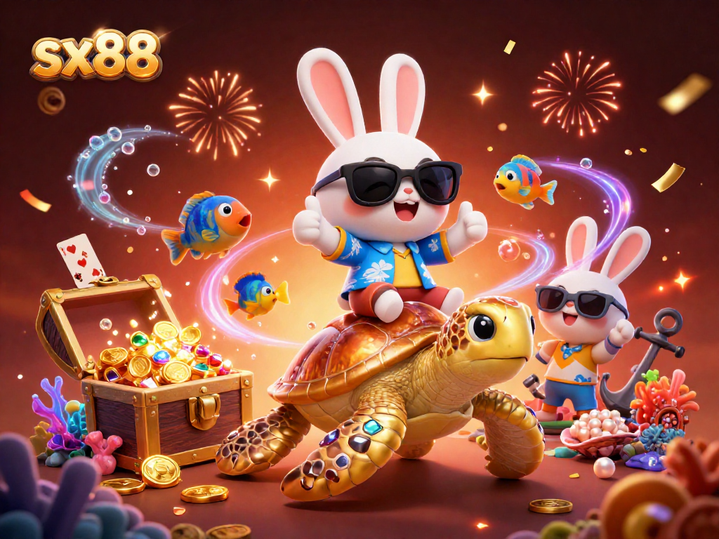 Experience the excitement of sx88 with a lucky rabbit and golden turtle in a vibrant casino-themed underwater scene.