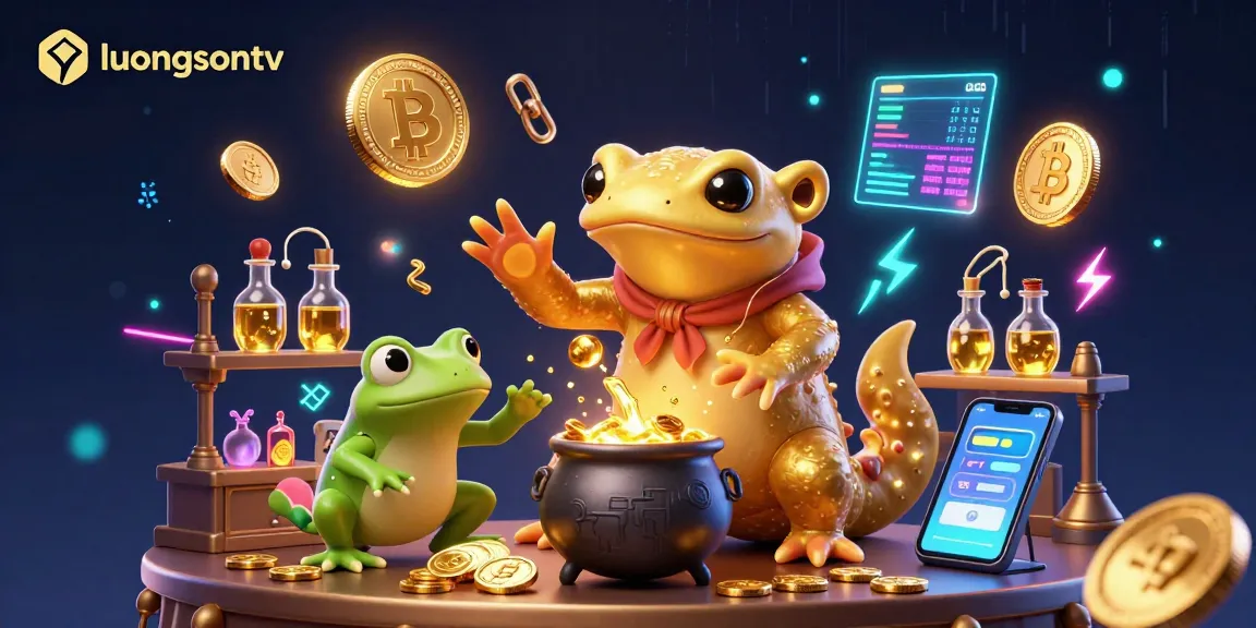 Experience the thrill of betting on luongsontv with vibrant visuals of a gold alchemist and crypto elements.
