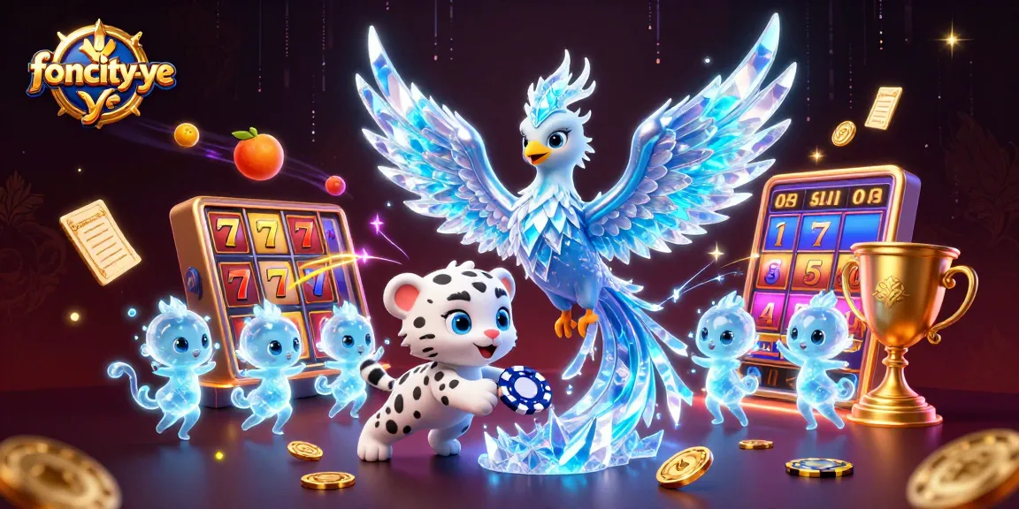 Engage with foncity-ye's vibrant gambling fantasy featuring an ice phoenix, slot reels, and golden trophies.