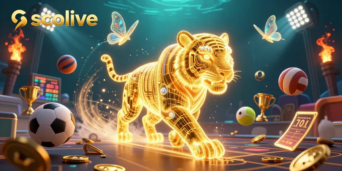 Socolive sports betting scene featuring a golden tiger in a digital casino landscape with dynamic sports balls.