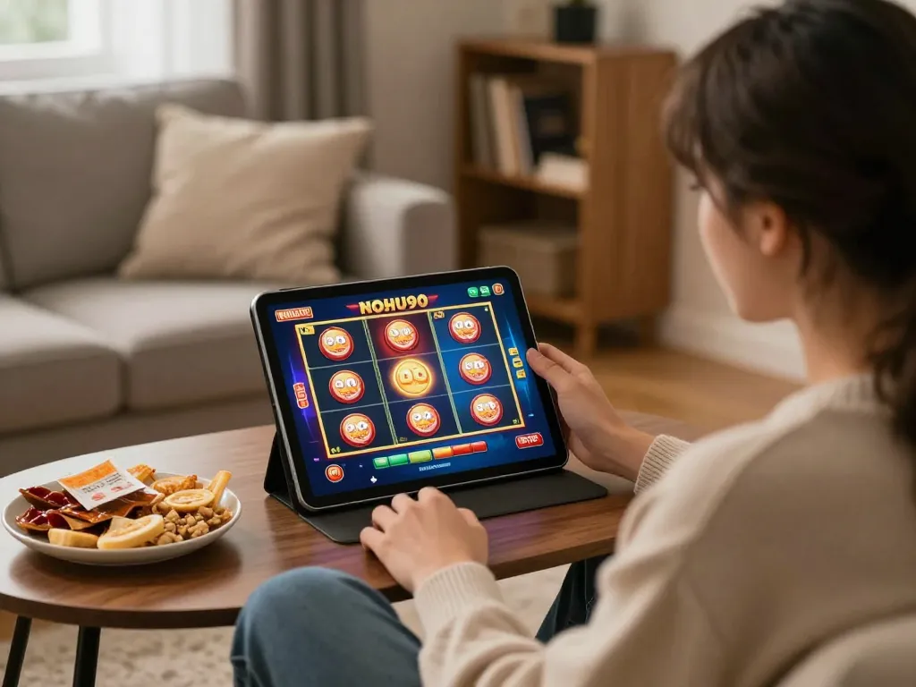 Nohu90 user enjoying an exciting online slot game on tablet in a cozy home setup.