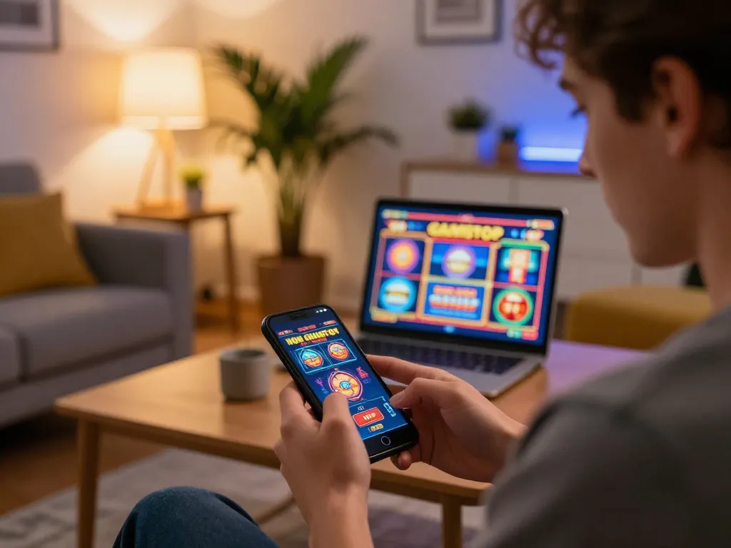 Engaged player enjoying non gamstop games on smartphone in a cozy home setting