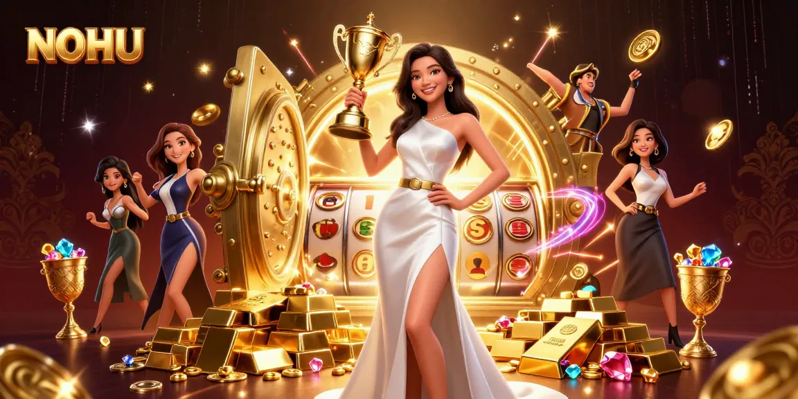 Spin to win at NOHU: a victorious Asian woman celebrates with a trophy, surrounded by slot game treasures.