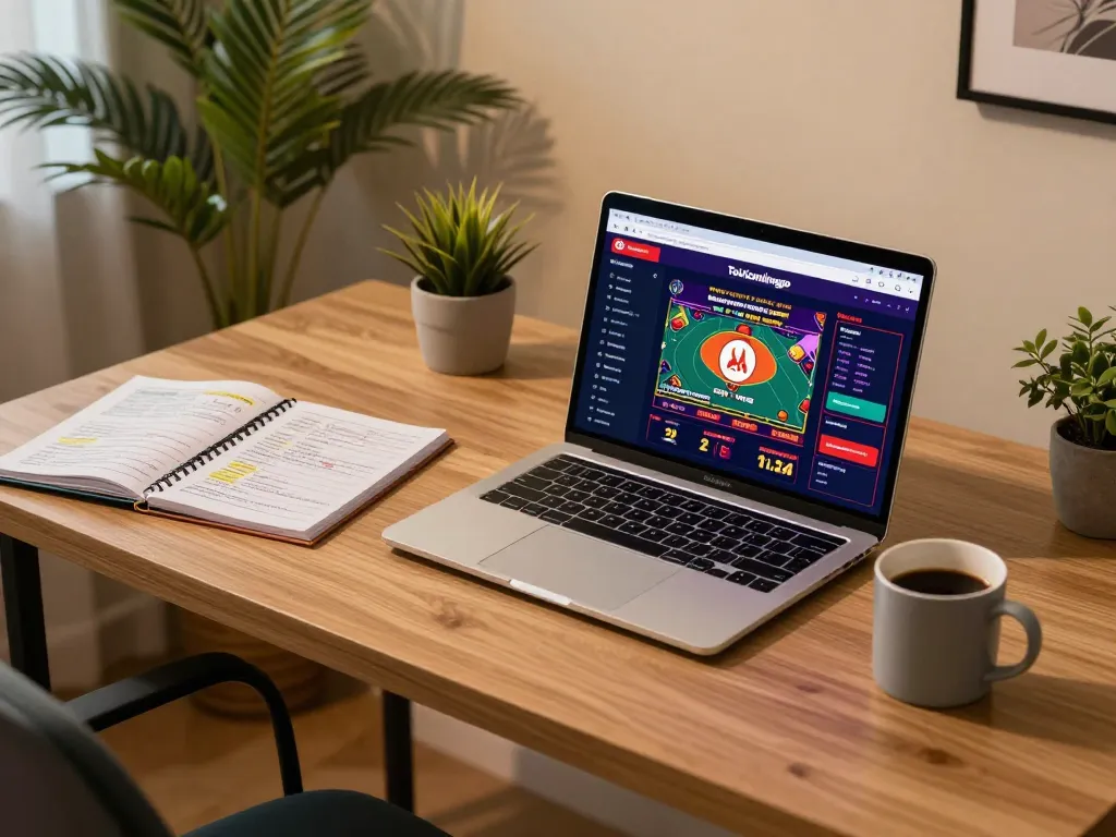 Player engaging with taixiuonlinego's online casino interface in a cozy home office, showcasing a relaxed gaming atmosphere.