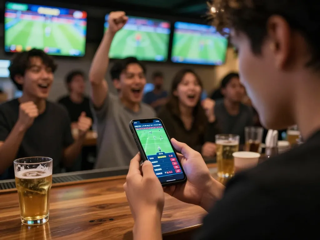 Engaging in today’s kèo bóng đá hôm nay during an exciting sports betting moment at a lively bar