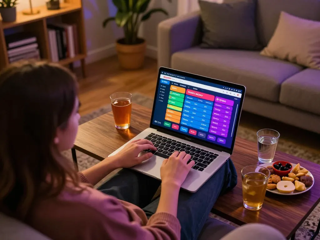 Engaged player using king33 app on laptop for a sports betting session at home, showcasing vibrant online gambling atmosphere.