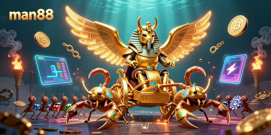 Experience thrilling gameplay at man88 with a dynamic 3D casino scene featuring golden scarabs and cryptocurrency elements.