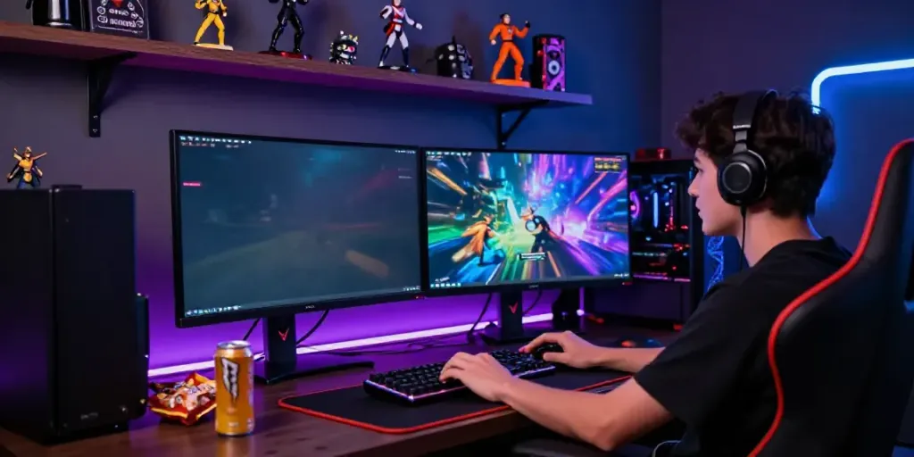 Player on loket88 login screen in a vibrant gaming setup with LED lights and collectibles.