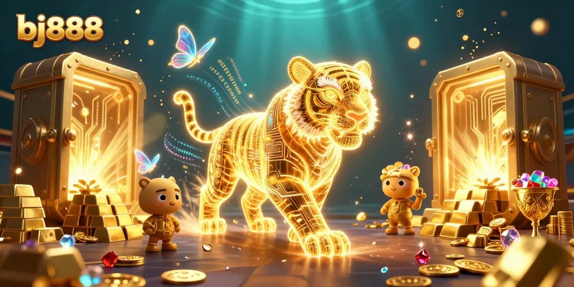 Bet on bj888 to win rewards in a vibrant, energy-filled digital casino setting with a golden tiger and treasures.