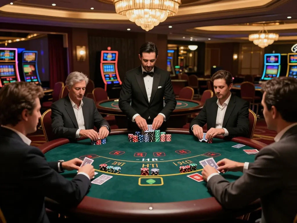 Players strategizing at the blackjack table in nhà cái mb66 casino, showcasing an upscale gaming experience.