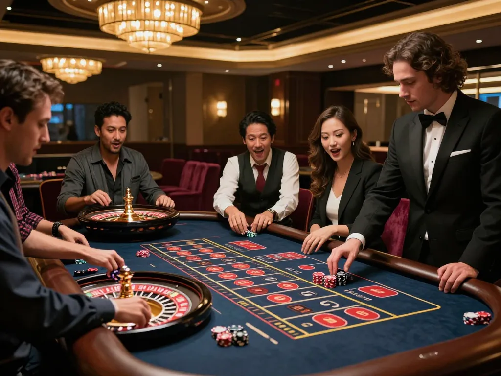 F168 players placing bets at a roulette table, showcasing excitement and strategic gameplay.