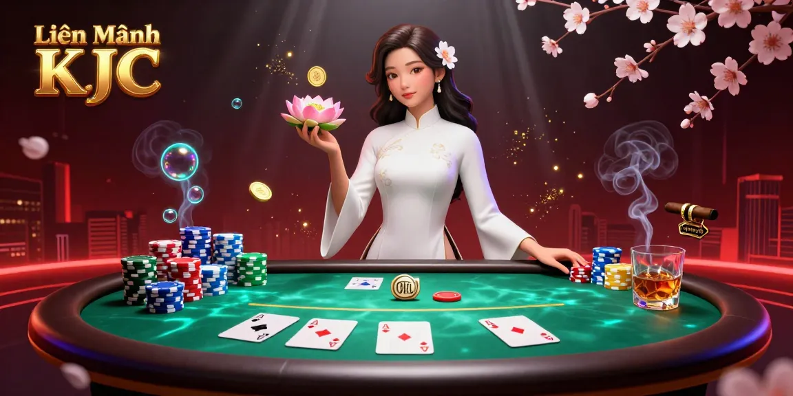 Engage in thrilling gameplay at Liên Minh KJC with a vibrant poker scene featuring impressive stacked chips and winning hands.