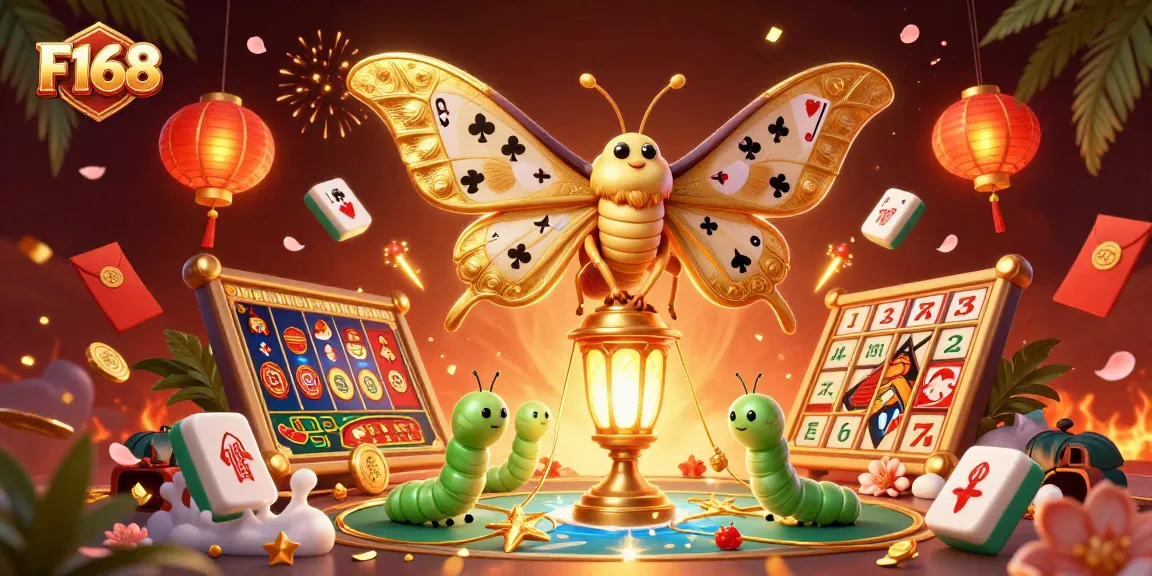 F168 showcases a vibrant casino atmosphere with a magical atlas moth and dynamic gaming elements.
