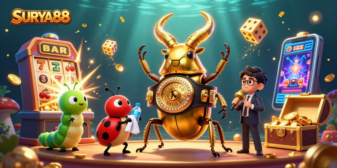 SURYA88 captures excitement with a golden stag beetle boxing champion in a vibrant casino scene
