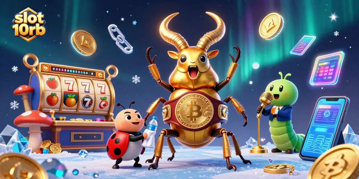 Engage with slot 10rb gambling excitement featuring vibrant characters, slot reels, and crypto elements.