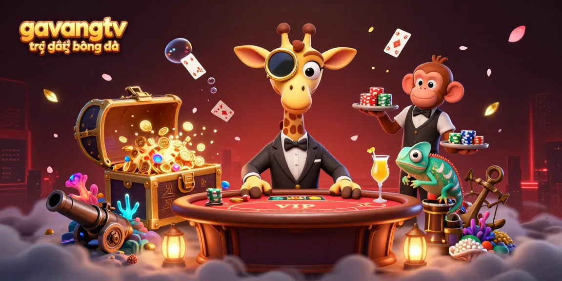 Experience gavangtv trực tiếp bóng đá with a high-roller giraffe at a vibrant poker scene full of exciting game elements.