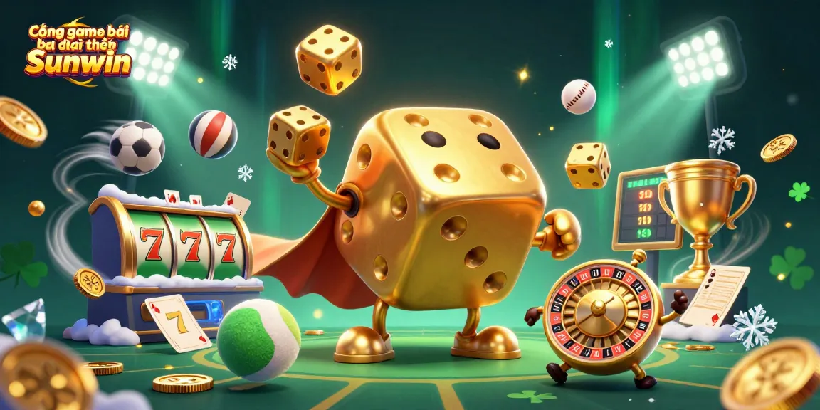 Cổng game bài đổi thưởng Sunwin features an entertaining cartoon scene with a golden dice golem juggling and rolling dice, showcasing engaging gambling action.