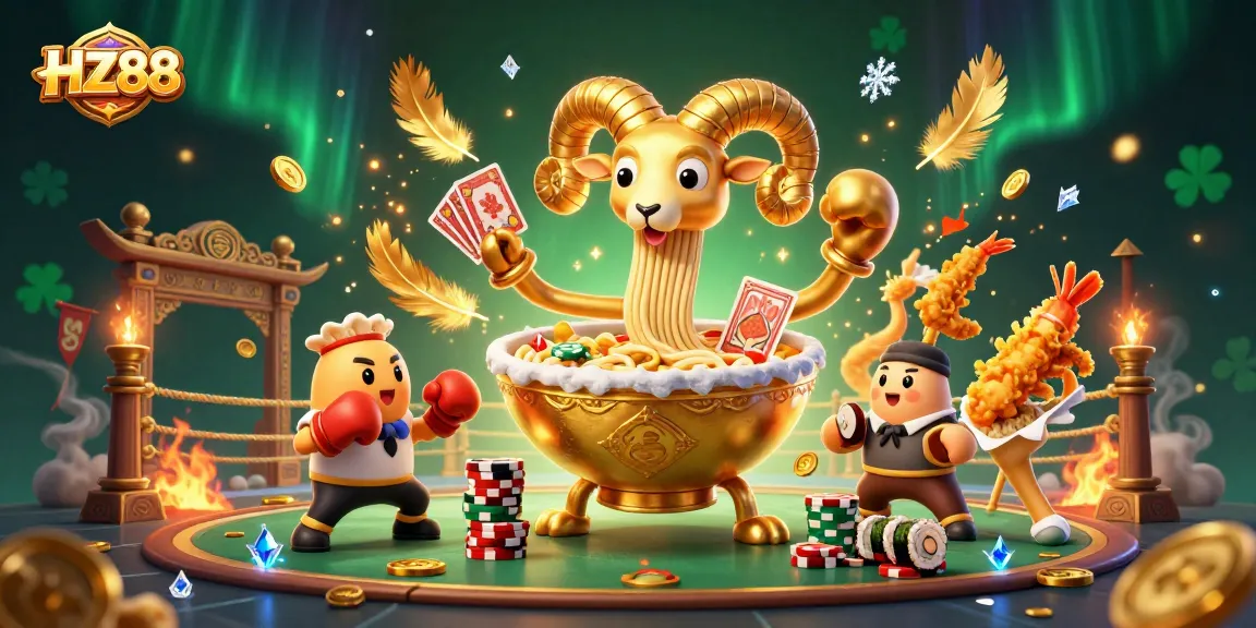 Engage with HZ88's vibrant online casino through giant golden ramen bowl characters and action-packed elements.