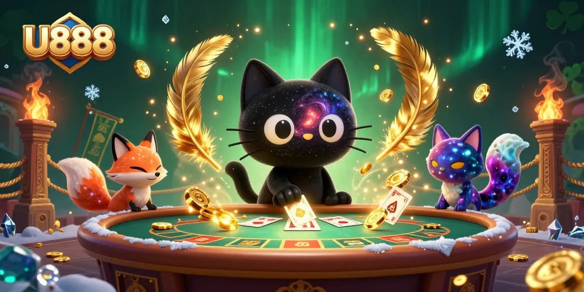 Winning big at U888 with a cosmic casino theme featuring a black hole cat and colorful nebula fox.