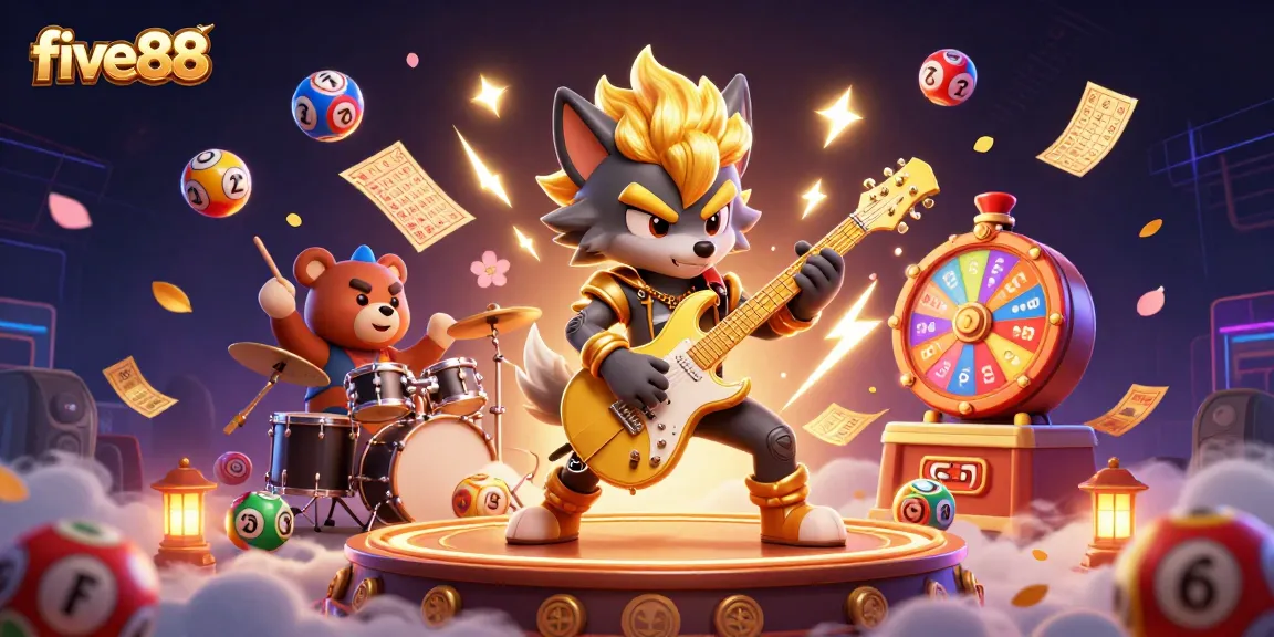 Experience the excitement of five88 with a rock star wolf and drummer bear in a vibrant casino scene.