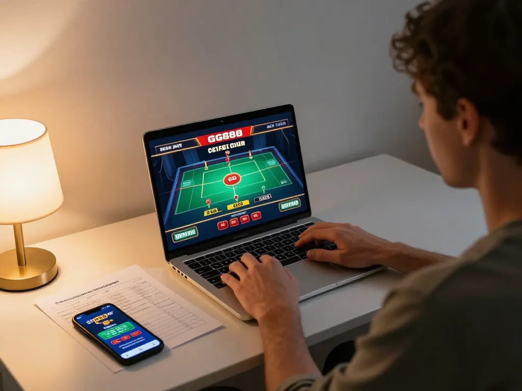 GG88 user engaged in strategic online casino gaming using a laptop at home during evening.