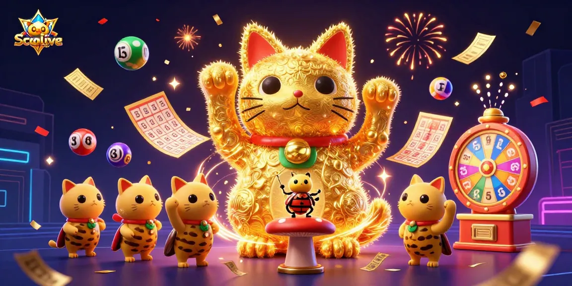 Socolive captures attention with a giant lucky cat formed by golden fireflies amidst vibrant casino elements for an exciting gaming experience.