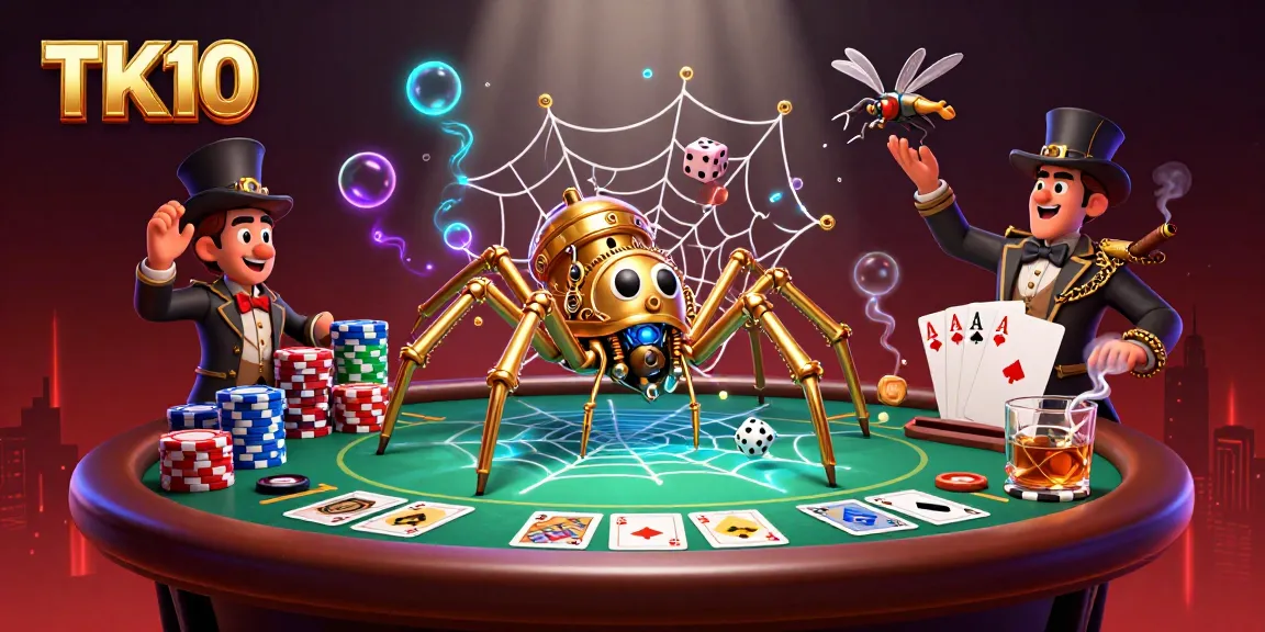 Engage in thrilling gameplay at TK10, featuring a vibrant steampunk spider and poker elements.