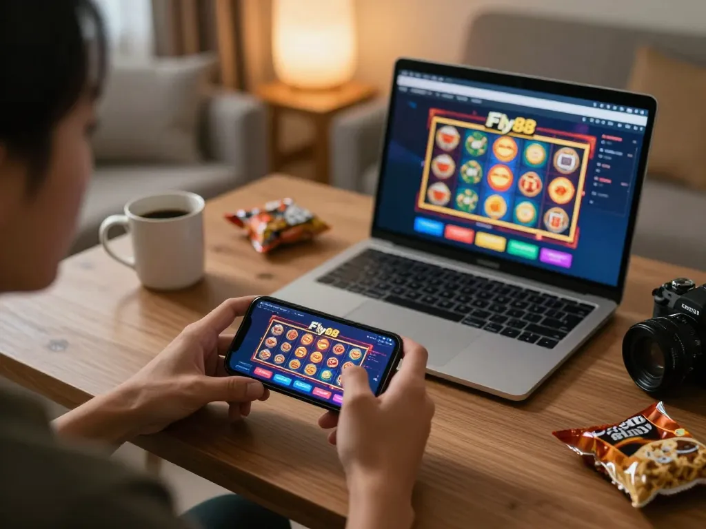 Player enjoying fly88 casino slots on smartphone in a cozy home environment with snacks.