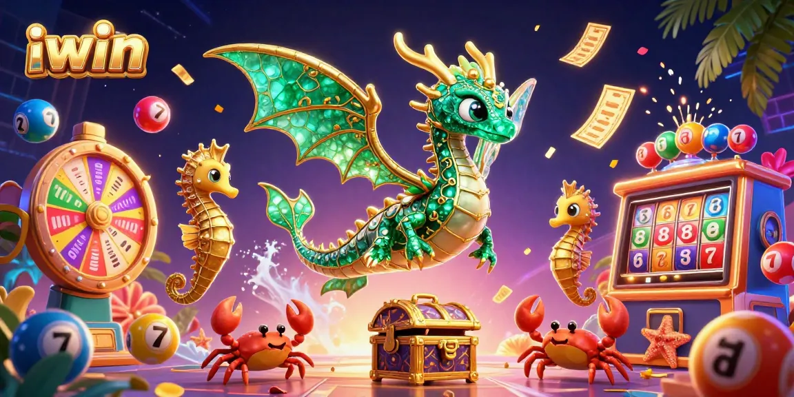 Experience thrilling iwin casino games with emerald sea dragons amidst vibrant lottery elements.