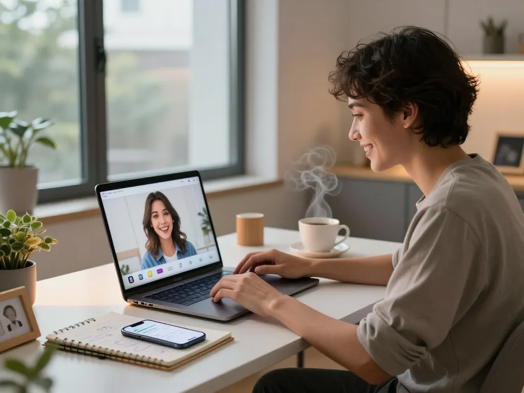 Engaging with a friendly AI girlfriend in a modern home office setting, highlighting the ai gf application.