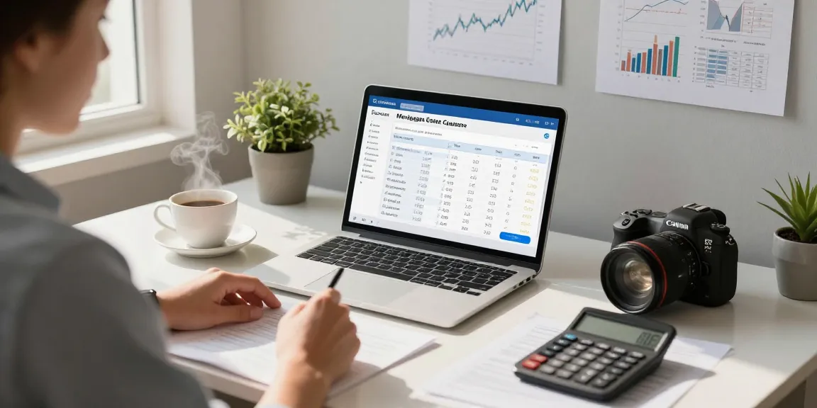 Calculadora hipoteca displayed on a laptop in a bright home office setting for mortgage planning