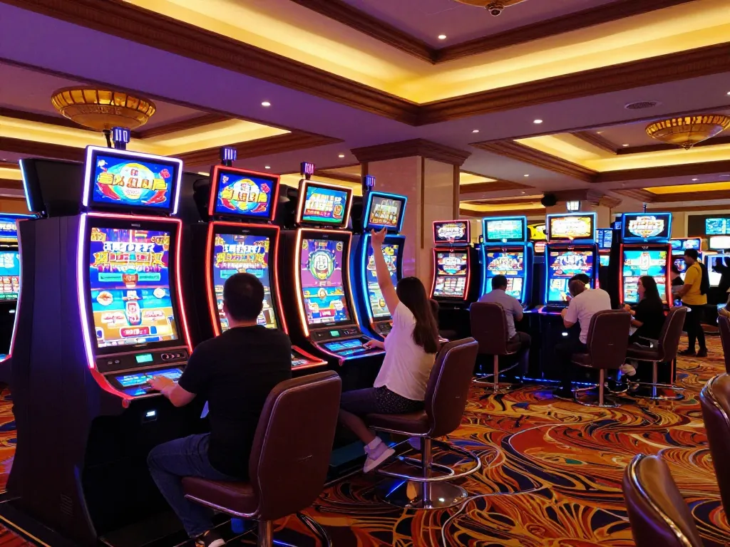 Experience the thrill of 68 win celebrations at an upscale casino with vibrant slot machines.