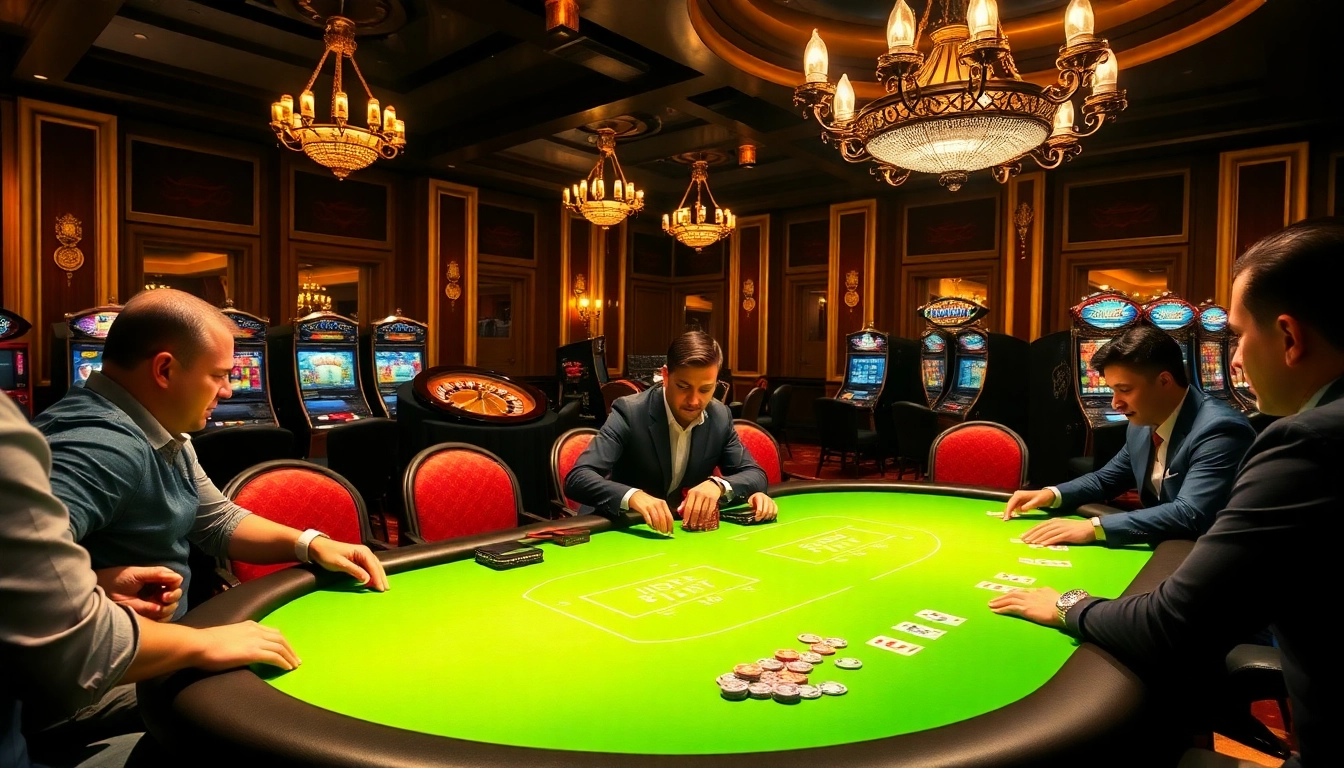 Exciting gameplay at a poker table in a luxury casino featuring 99win com branding elements.
