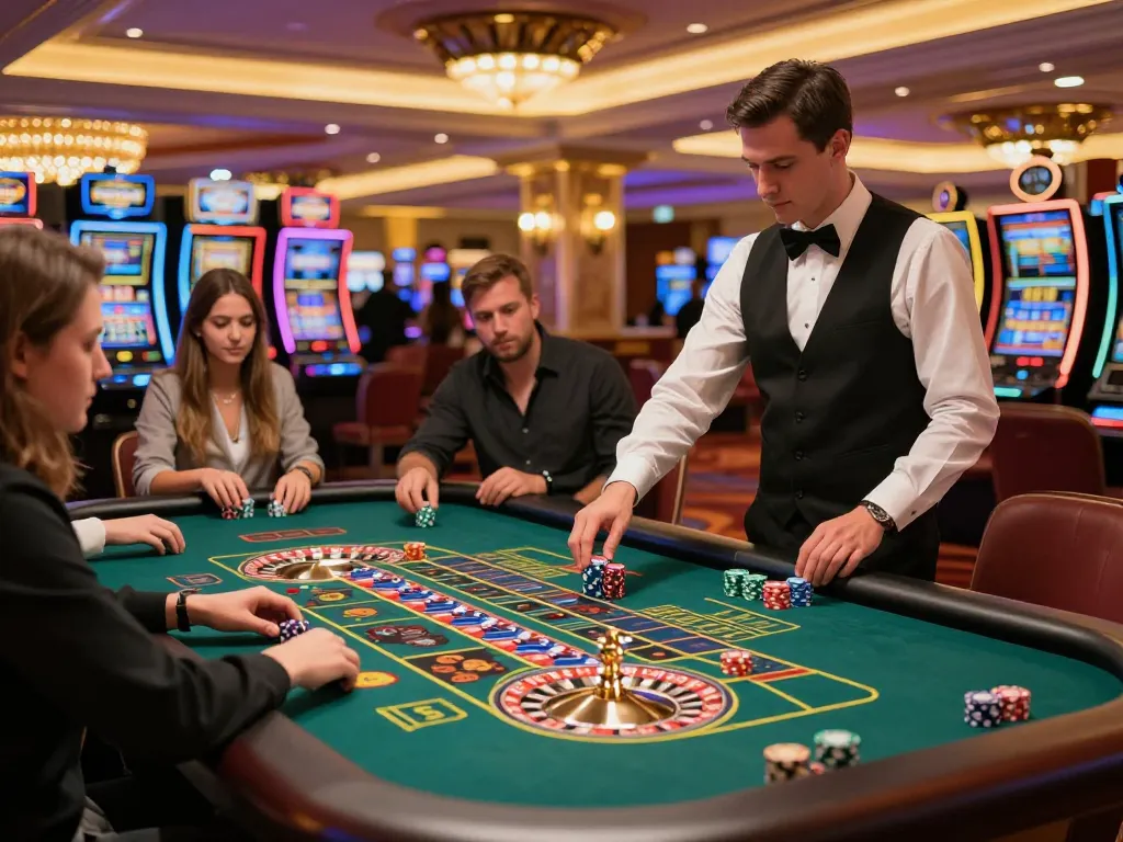 Joueurs engagés à une table de roulette dans un environnement de casino en ligne argent réel animé, avec des jetons vibrants et des actions de pari visibles.